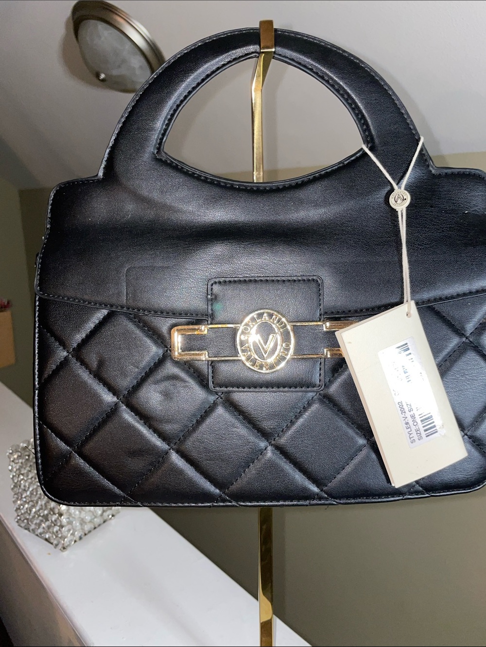Quilted Black Top-Handle Satchel with Gold Accent